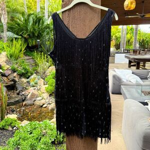 Black fringe mini dress with subtle shimmery silver dots and side zipper.